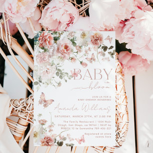 Invitación Bebé mariposa en Baby Shower floral rosa en flor