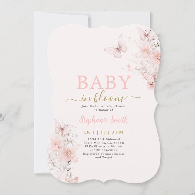 Invitación Bebé mariposa en un Chica de Baby Shower en Bloom (Anverso)