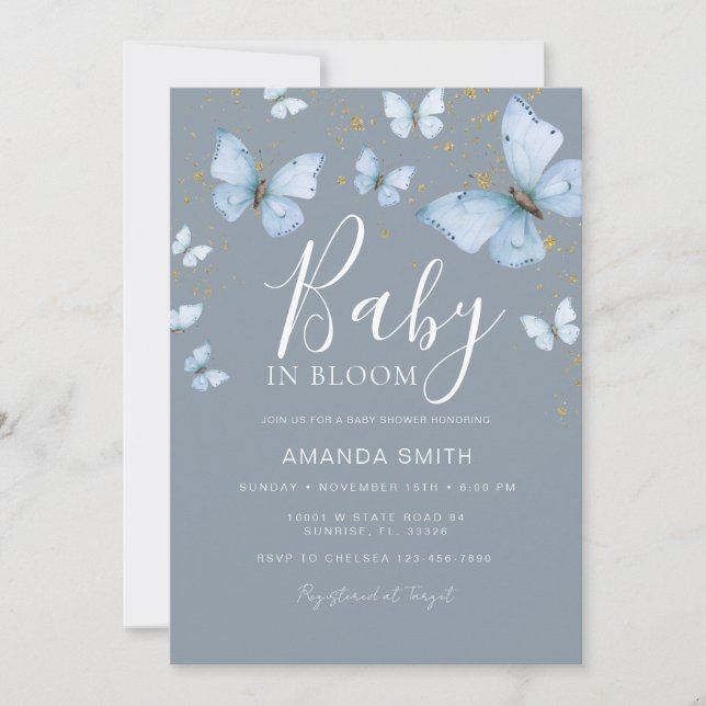 Invitación Bebé mariposa gris azul en Baby Shower en flor (Anverso)