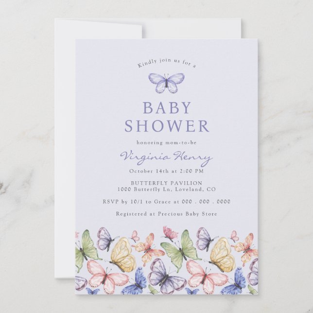 Invitación Bebé Mariposa Púrpura: Fiesta Prenatal (Anverso)
