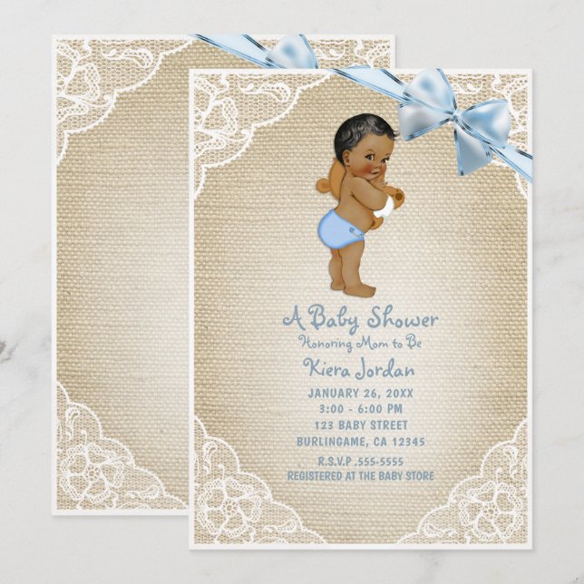 Invitación Bebé marrón Bear Bow Azul Burlap Baby Shower (Anverso / Reverso)