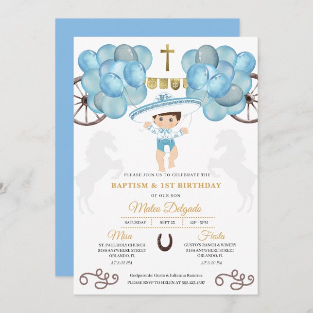 Invitación Bebé mexicano de oro y azul bautismo (Anverso / Reverso)