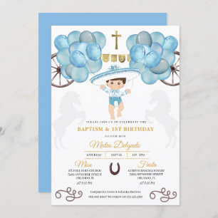 Invitación Bebé mexicano de oro y azul bautismo