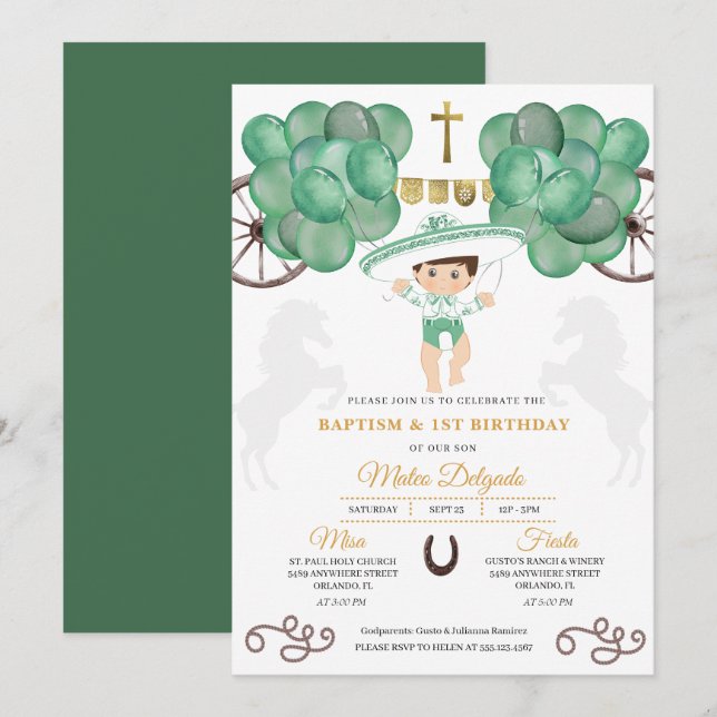 Invitación Bebé mexicano de oro y verde bautismo (Anverso / Reverso)