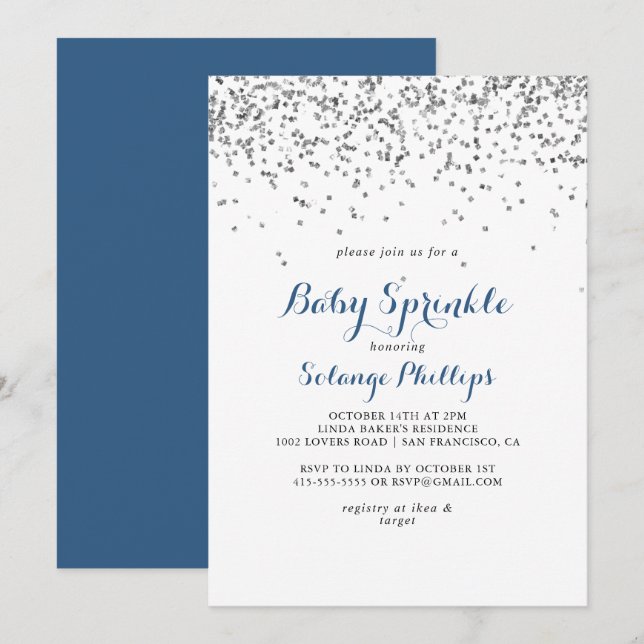 Invitación Bebé Minimalista de confetti plateado (Anverso / Reverso)