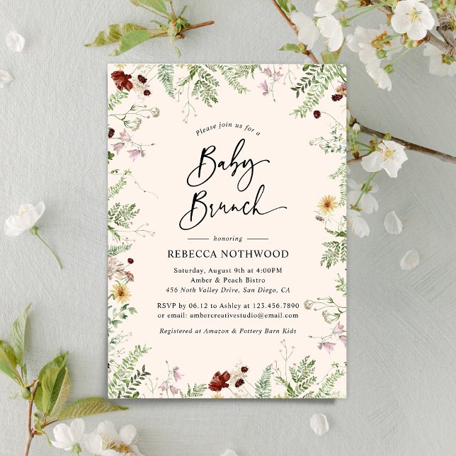 Invitación Bebé moderno Rubor Wildflowers Baby Brunch (Subido por el creador)