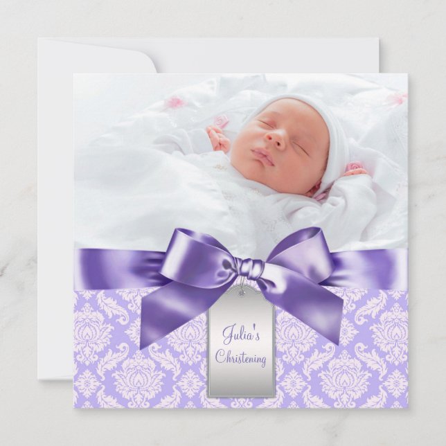 Invitación Bebé morado damasco foto bautismo cristiano (Anverso)