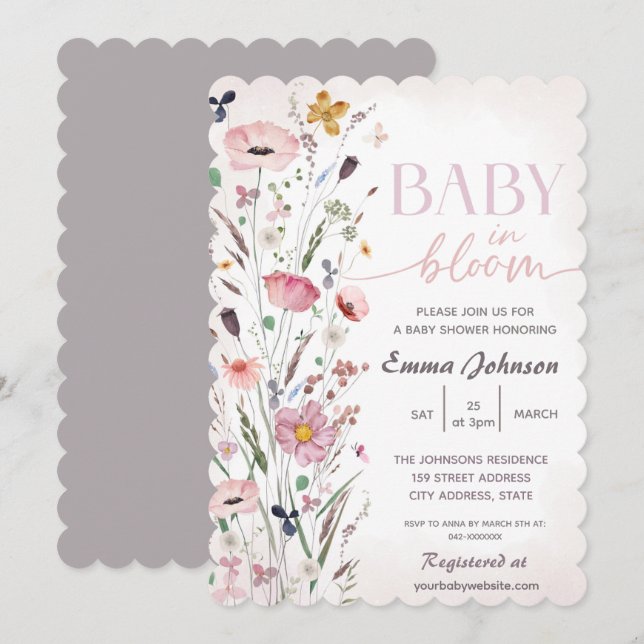 Invitación Bebé morado en el floreciente Baby Shower (Anverso / Reverso)