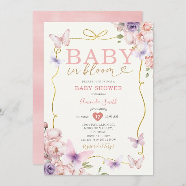 Invitación Bebé morado rosado en Baby Shower, Chica de Bow en (Anverso / Reverso)