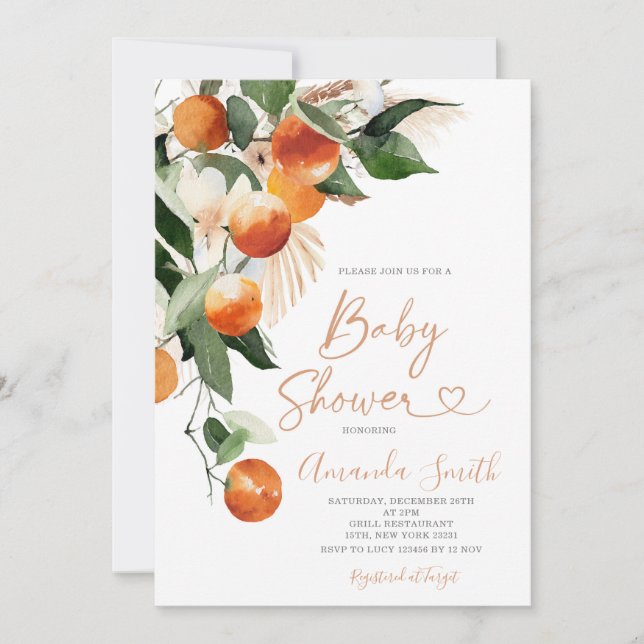Invitación Bebé Naranja de cítricos de Baby Shower de verano  (Anverso)