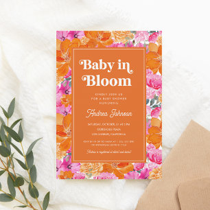 Invitación Bebé Naranja rosado en Baby Shower retro floral en