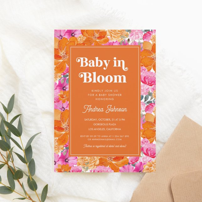 Invitación Bebé Naranja rosado en Baby Shower retro floral en (Subido por el creador)