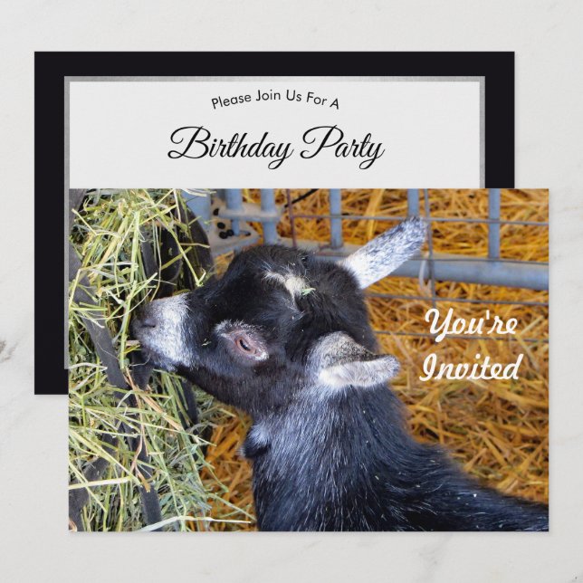 Invitación Bebé negro lindo comiendo heno foto cumpleaños (Anverso / Reverso)