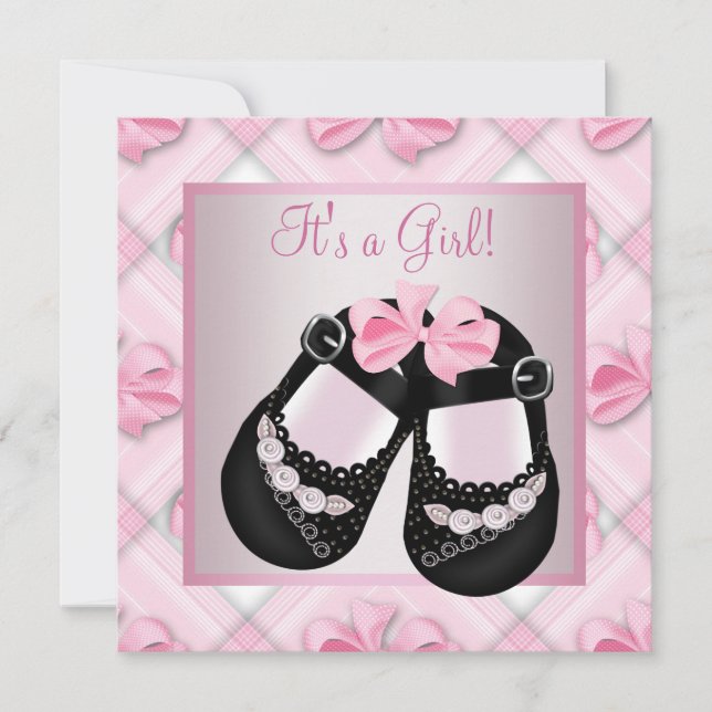 Invitación Bebé negro rosado zapatillas bebé negras rosa duch (Anverso)