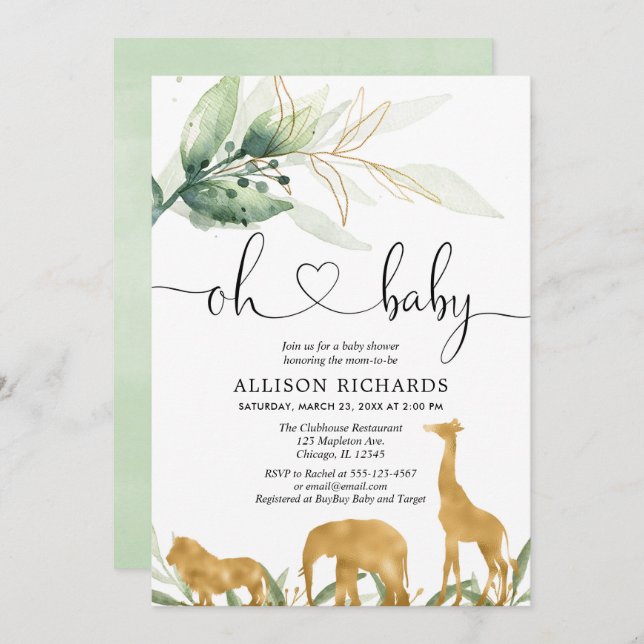 Invitación Bebé neutro con respecto al género de los animales (Anverso / Reverso)