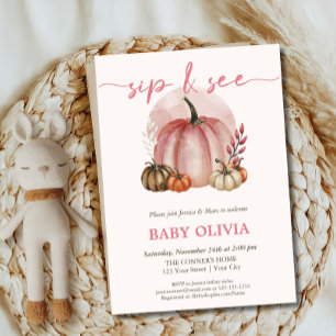 Invitación Bebé niña calabaza rosa Otoño Sip And See Conocer 