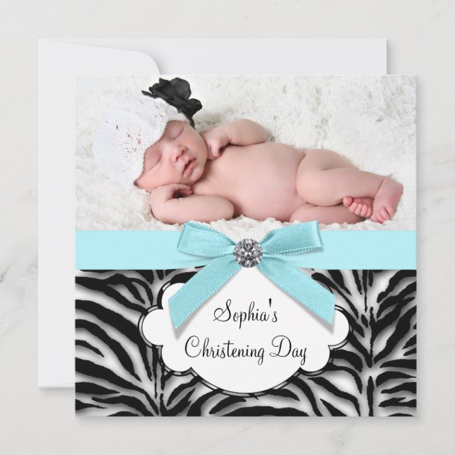 Invitación Bebé niña cebra azul turquesa foto bautizo (Anverso)