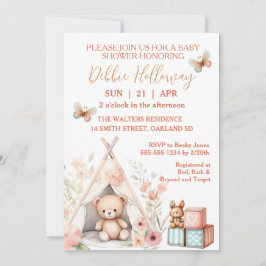 Invitación Bebé niña con osito de peluche en el Baby Shower d