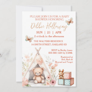 Invitación Bebé niña con osito de peluche en el Baby Shower d