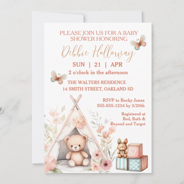 Invitación Bebé niña con osito de peluche en el Baby Shower d (Anverso)