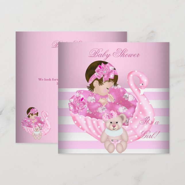Invitación Bebé Niña Cumpleaños Bebé Rosa Blanco Cisne (Anverso / Reverso)