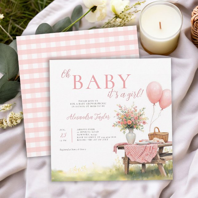 Invitación Bebé Niña Cumpleaños Globos Flores Silvestres Picn (picnic baby shower invitation card template summer floral balloons wildflowers backyard outdoors 2)