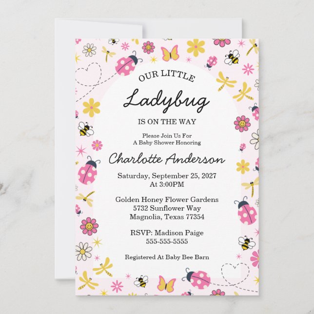 Invitación Bebe Niña Cumpleaños Mariquita Rosa Monada (Anverso)