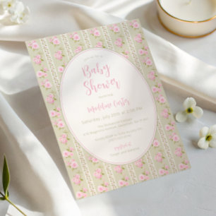 Invitación Bebé niña de flores vintage verde salvia Baby Show