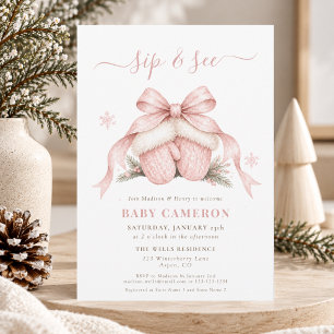 Invitación Bebé niña de invierno con acuarela rosa Sip And Se