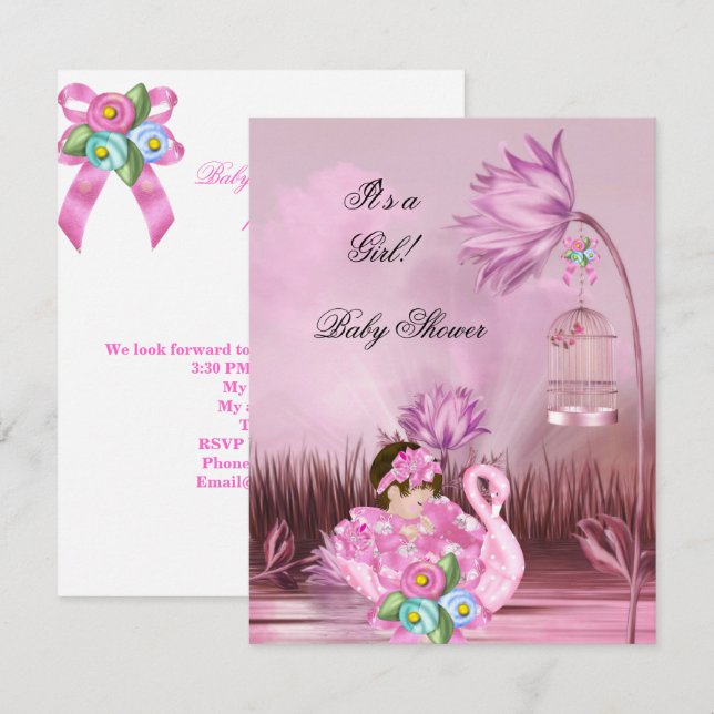 Invitación Bebé niña de shower de bebé adorable cisne rosa má (Anverso / Reverso)