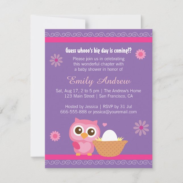 Invitación Bebé Niña, Dulce Búho Fiesta de Cumpleaños de la B (Anverso)