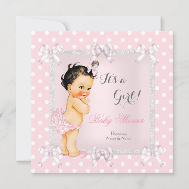 Invitación Bebé niña en ducha adorable rosa gris morena (Anverso)