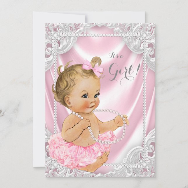 Invitación Bebé Niña en Seda Rosa y Perlas Bañito (Anverso)