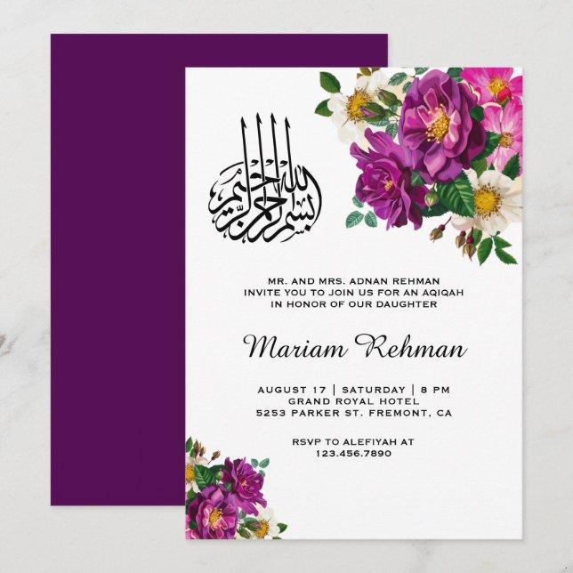 Invitación Bebé niña floral morada moderna Aqiqah (Anverso / Reverso)
