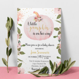 Invitación Bebé Niña Glitter Rosa Calabaza Otoño