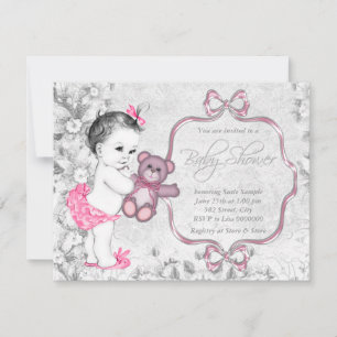 Invitación Bebé niña gris rosa Baby Shower Vintage