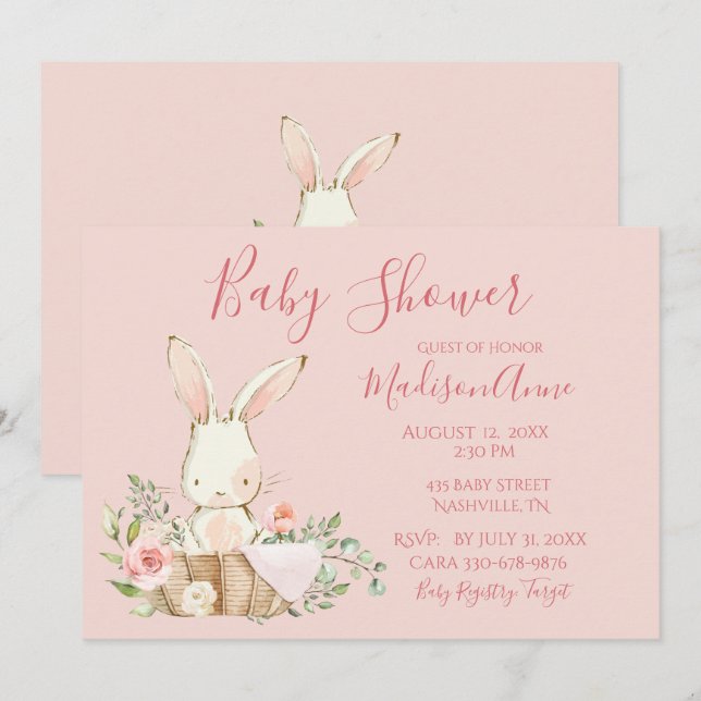Invitación Bebé Niña Guión Rosado Bebé Elegante (Anverso / Reverso)