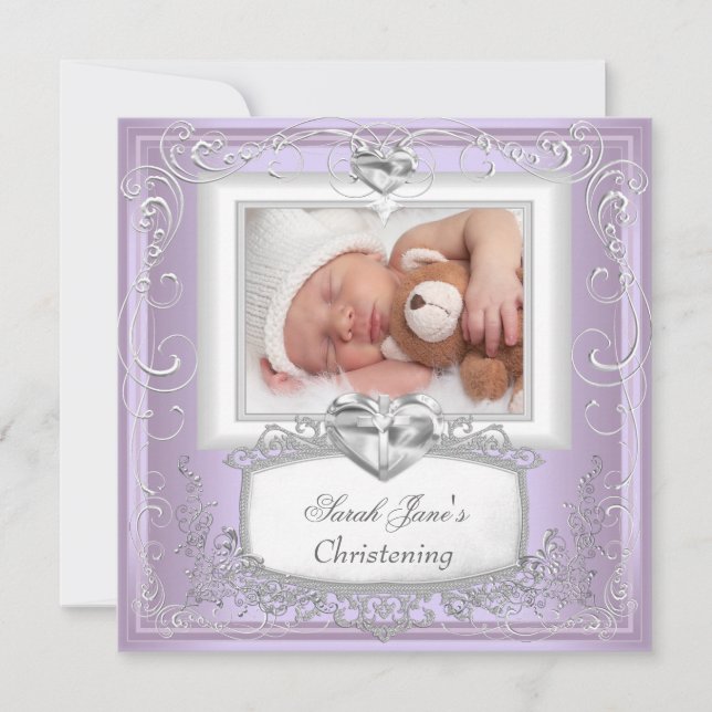 Invitación Bebé Niña Lilac Christening Baptism Cross White (Anverso)