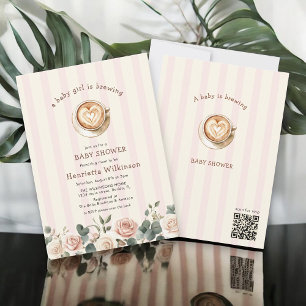 Invitación Bebé Niña Preparando Café Baby shower floral