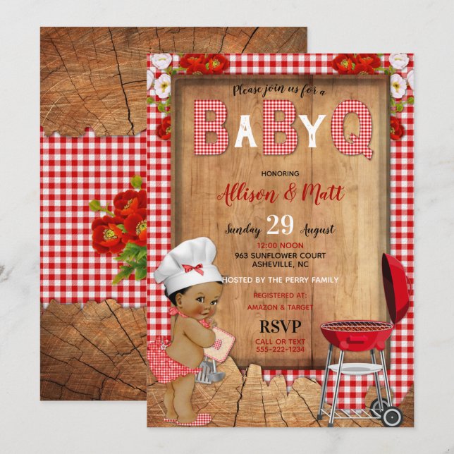 Invitación Bebé Niña Roja Gingham Flores de Madera Bebé Q Bar (Anverso / Reverso)