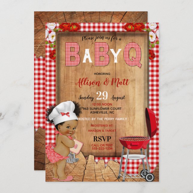 Invitación Bebé Niña Roja Gingham Flores de Madera Bebé Q Bar (Anverso / Reverso)