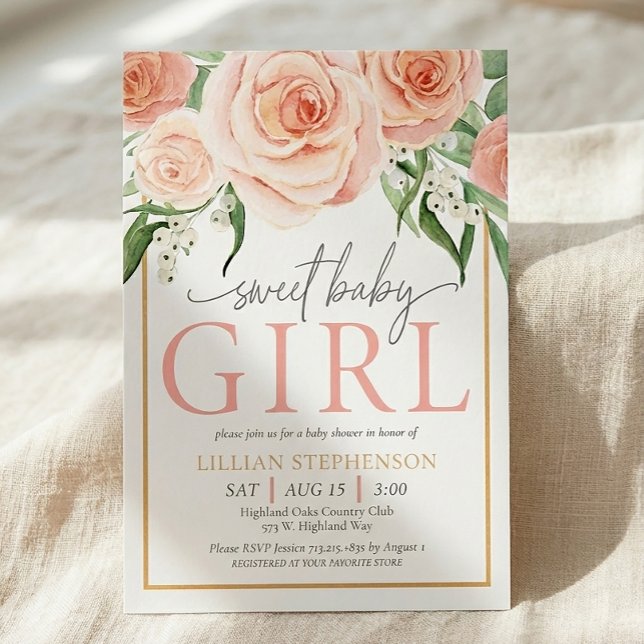 Invitación Bebé Niña Rosa Floral Dulce Baby Shower (Subido por el creador)