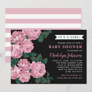 Invitación Bebé Niña Rosa Fuerte y Negro Baño de Baby Shower
