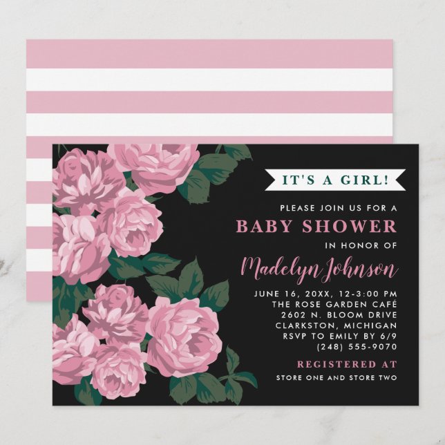 Invitación Bebé Niña Rosa Fuerte y Negro Baño de Baby Shower (Anverso / Reverso)