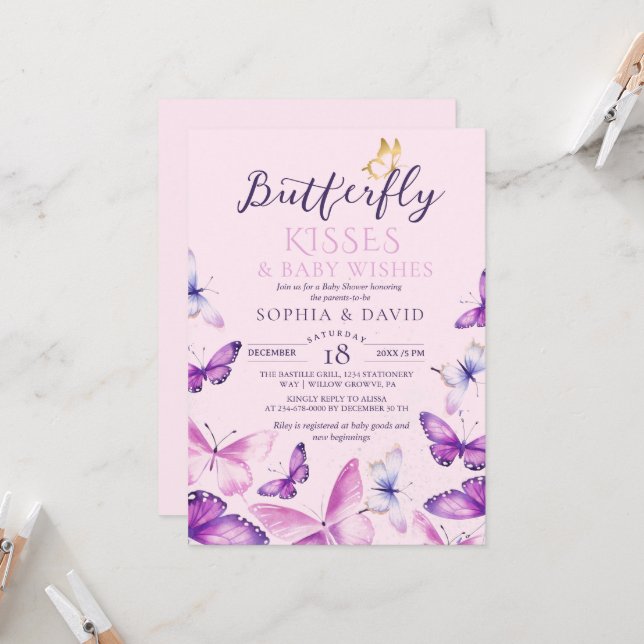 Invitación Bebé niña shower de mariposa (Anverso/Reverso In Situ)