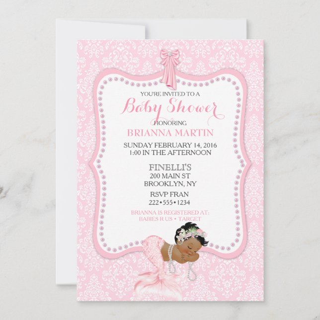 Invitación Bebé Niña Sirena Princesa Corona Damask (Anverso)