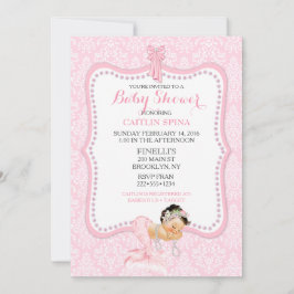 Invitación Bebé Niña Sirena Princesa Corona Damask