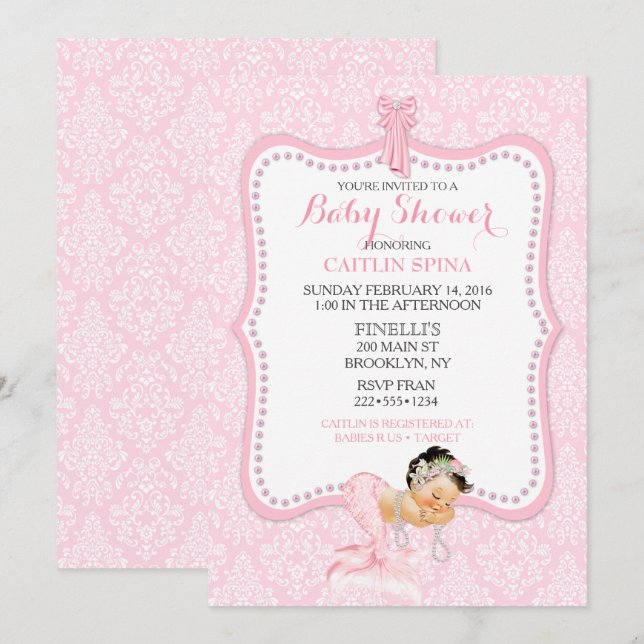 Invitación Bebé Niña Sirena Princesa Corona Damask (Anverso / Reverso)