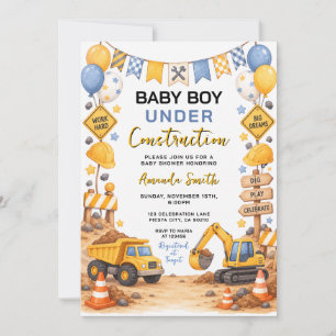 Invitación Bebé Niño Adorable Bajo Construcción de Camión Fie