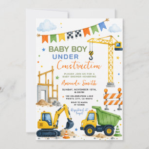 Invitación Bebé Niño Adorable Bajo Construcción Fiesta de Bie